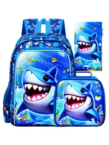 16" Shark Backpack for Boy, 3Pcs School Backpacks with Lunch Box, Kids Bookbag for Elementary Preschool Kindergarten(Blue)