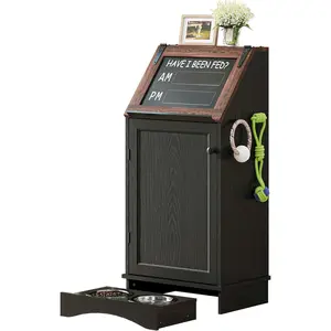 Dog Feeding Station with Storage, Dog Food Cabinet with 2 Hidden Feeding Bowls, Flip-Top Pet Storage Cabinet, Pet Food Holder, Black Grain