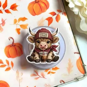 (2 Options) Funny Coffee Addict Highland Cow Phone Grip Magsafe, Highland Cow Kindle Grip, Cartoon Cow Grip Holder, Cartoon Phone Grip, Gift for Girls Boys