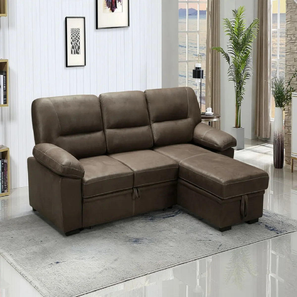 Giverny Saddle Brown Reversible Sleeper Sectional Sofa Chaise in Microfiber