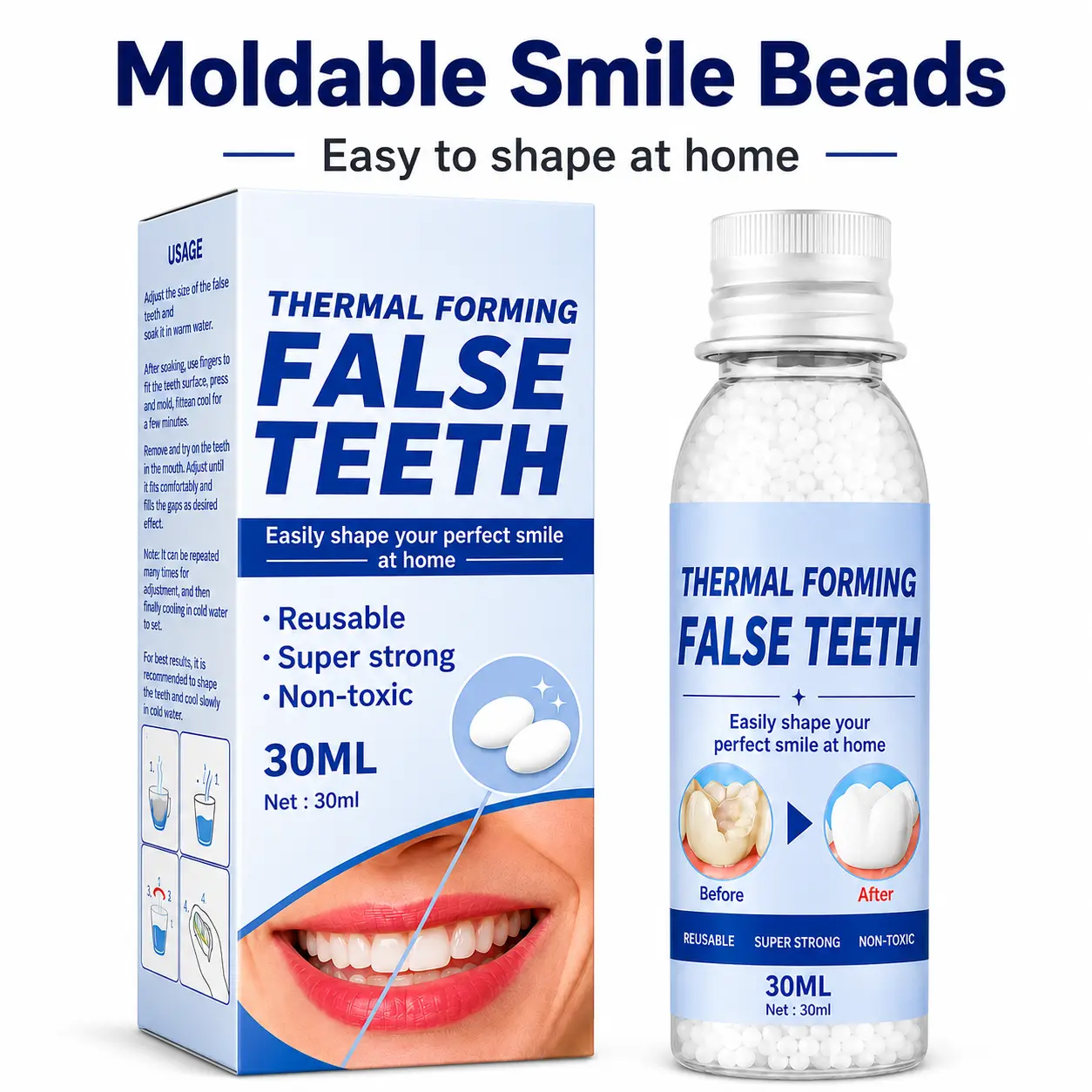 Moldable Temporary Tooth Beads – Heat-Forming Cosmetic Tooth Kit for Gaps and Chipped-Looking Teeth, DIY False Teeth for Film Makeup, Cosplay and Costume Looks, Reusable, 30 mL