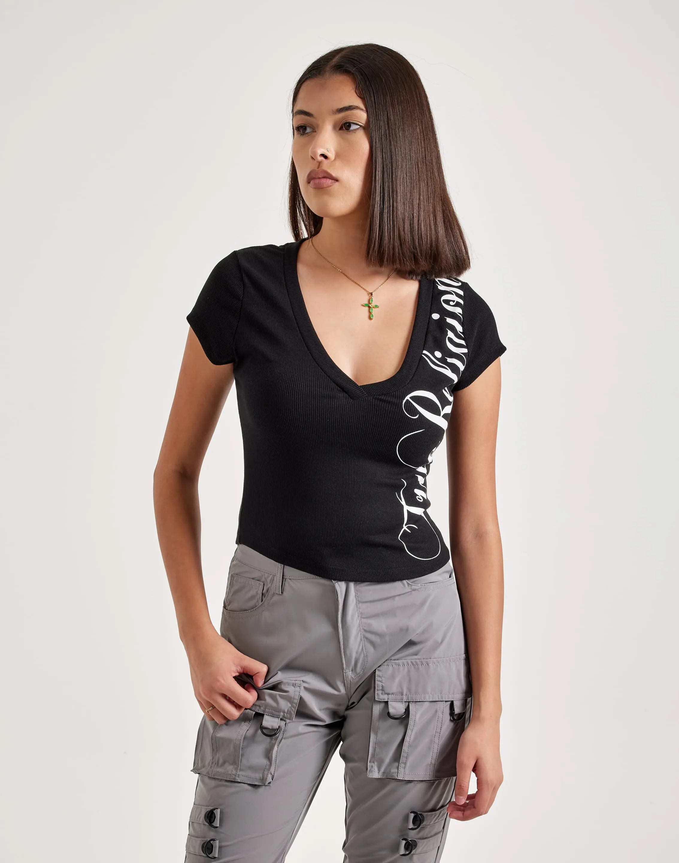 Womens True Religion Cap Sleeve V-Neck Tee
