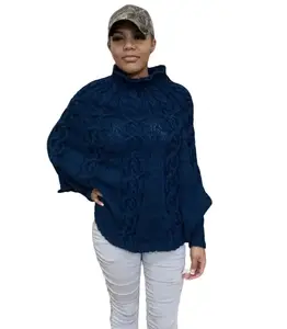 Hand-Knitted Blue Poncho with Cables and Cuff Sleeves in Peruvian Wool Women's Fall Knitwear Long Sleeve Intricate Cable Design Shaped Hem Edge Customizable Size S/M