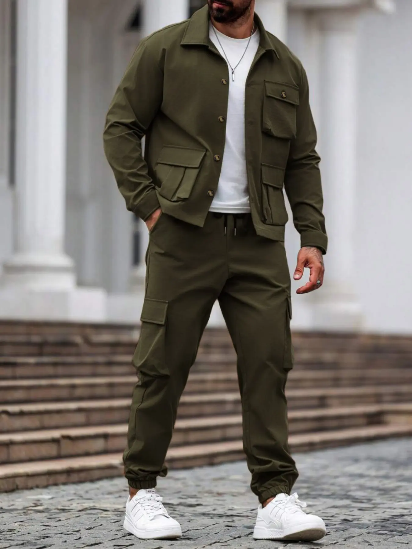 Men's Two-Piece Set, Solid Color Shirt and Pants, Button Design