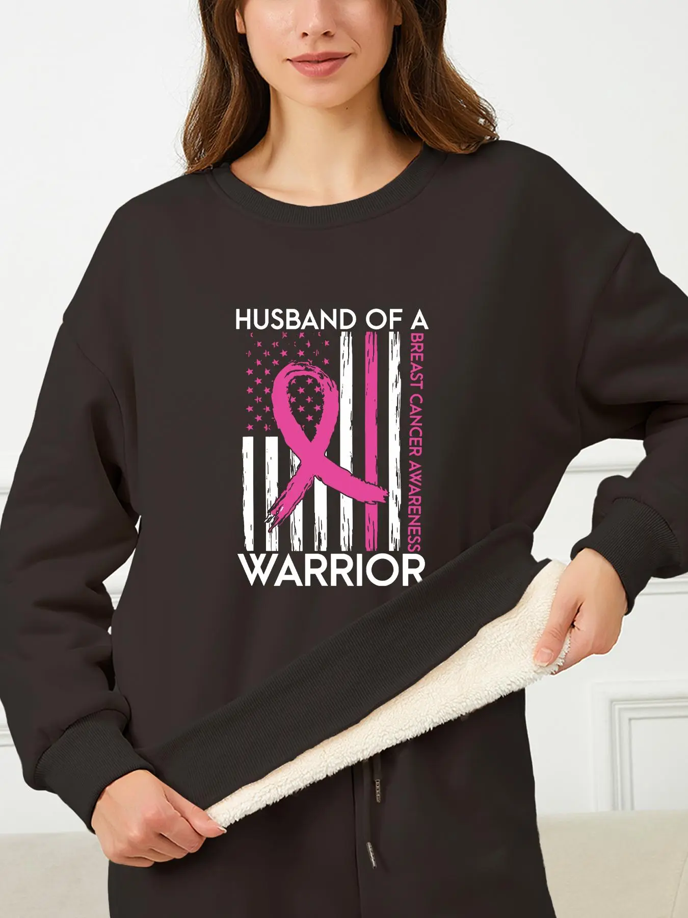 Women's Flag & Ribbon Print Thermal Lined Pullover, Casual Long Sleeve Sweatshirt for Fall & Winter, Women's Top for Daily Wear