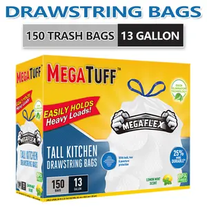 MegaTuff 150 Bags 13 Gallon Boxed Disposable Non Tear Garbage Bag Puncture Tear Resistant Trash Bags with Odor Eliminator Technology Lemon Mint Scent Drawstring Bags