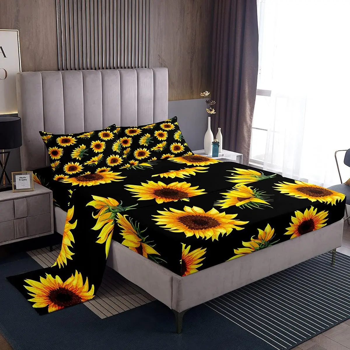 Feelyou Botanical Floral Yellow Sunflower Bedding Sheet Set - All-Season Decorative Bedding Set, Deep-Pocket Fitted Floral Sheets, Soft Breathable Comfy Home Decor Bedding for Teens