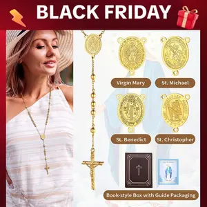 Prayer Rosary Necklace Jesus Cross Crucifix Pendant St. Benedict/ St. Michael/St. Christopher/Virgin Mary Medal Pendant Silver/Golden/Black Stainless Steel Necklace Gifts for Women MenGift