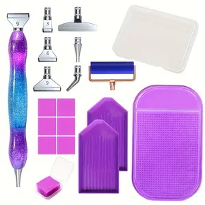 Silver Color Diamond Painting Pen Set, 6 Stainless Steel Tips, 6 Clay Blocks, Non-Slip Pad, Tray, Roller, 5D Craft Tools, Diamond Art Tools