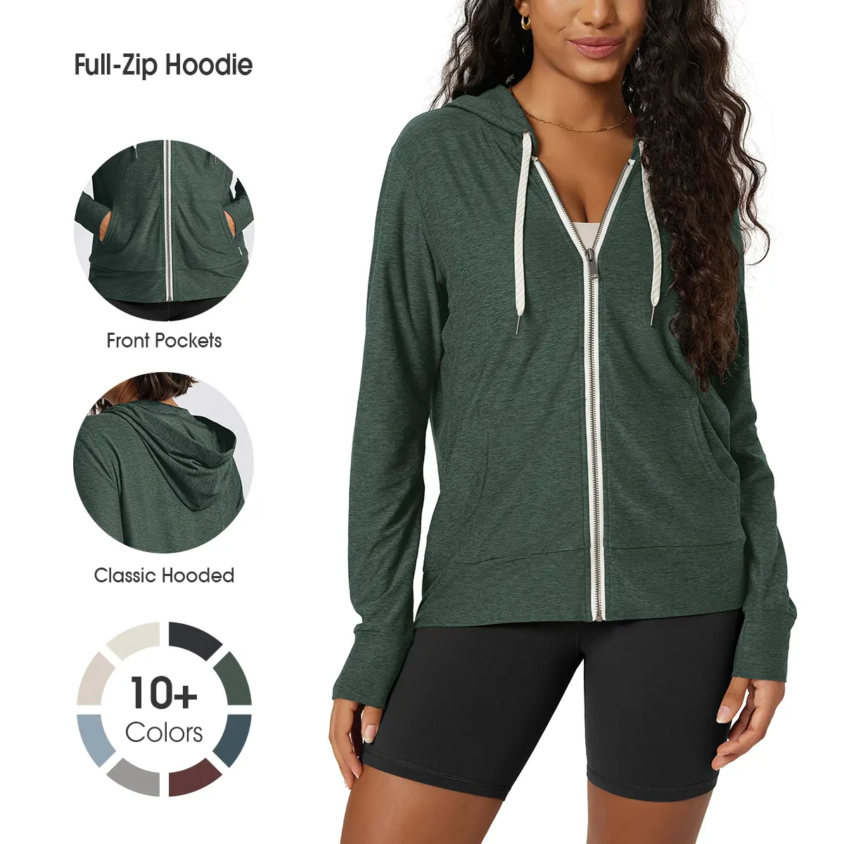 ODODOS Women's Full-Zip Hoodie Jacket Casual - odSTRATUM Tech Jersey, UPF 50+ Sun Protection, Moisture-Wicking Stretch Polyester Blend, Lightweight Mid-Hip Fit with Small Front Pockets, Imported