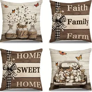 Farmhouse Pillow Cover Set, Truck Stripe Buffalo Plaid Outdoor Decor, 4 Piece Set with Hidden Zipper, Easy Washable