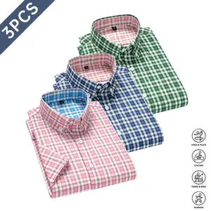 Men’s 3-Pack High-Quality Fashion Plaid Short-Sleeve Button-Up Shirts, Classic Multi-Color Options, Casual Summer Wear, Easy Care, Short-Sleeve Tops for Everyday Style