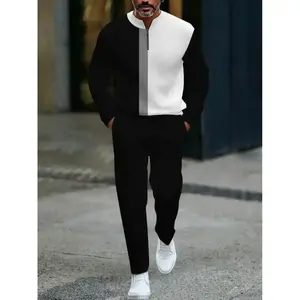 2-piece European and American men's black and white contrasting sports suit |   Half open collar |   Breathable and comfortable |   Suitable for daily&weekend casual street style