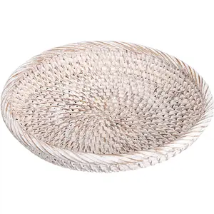 Hipiwe Small Key Basket Bowl for Entryway 7.6" Round Woven Wicker Basket Fruit Serving Tray Woven Basket Wall Decor Rattan Organizer Basket for Keys, Wallet,Whitewash