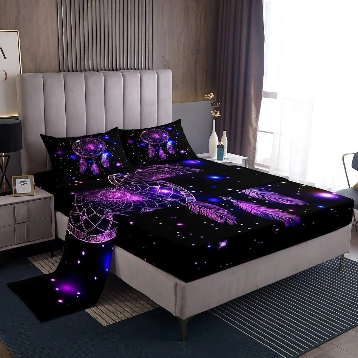 Dreamcatcher Bed Sheet Set,Bohemian Sheet Set,4pcs Soft Polyester Fitted Sheet + Boho Flat Sheet + Purple Mandala Bedding Set for Girls