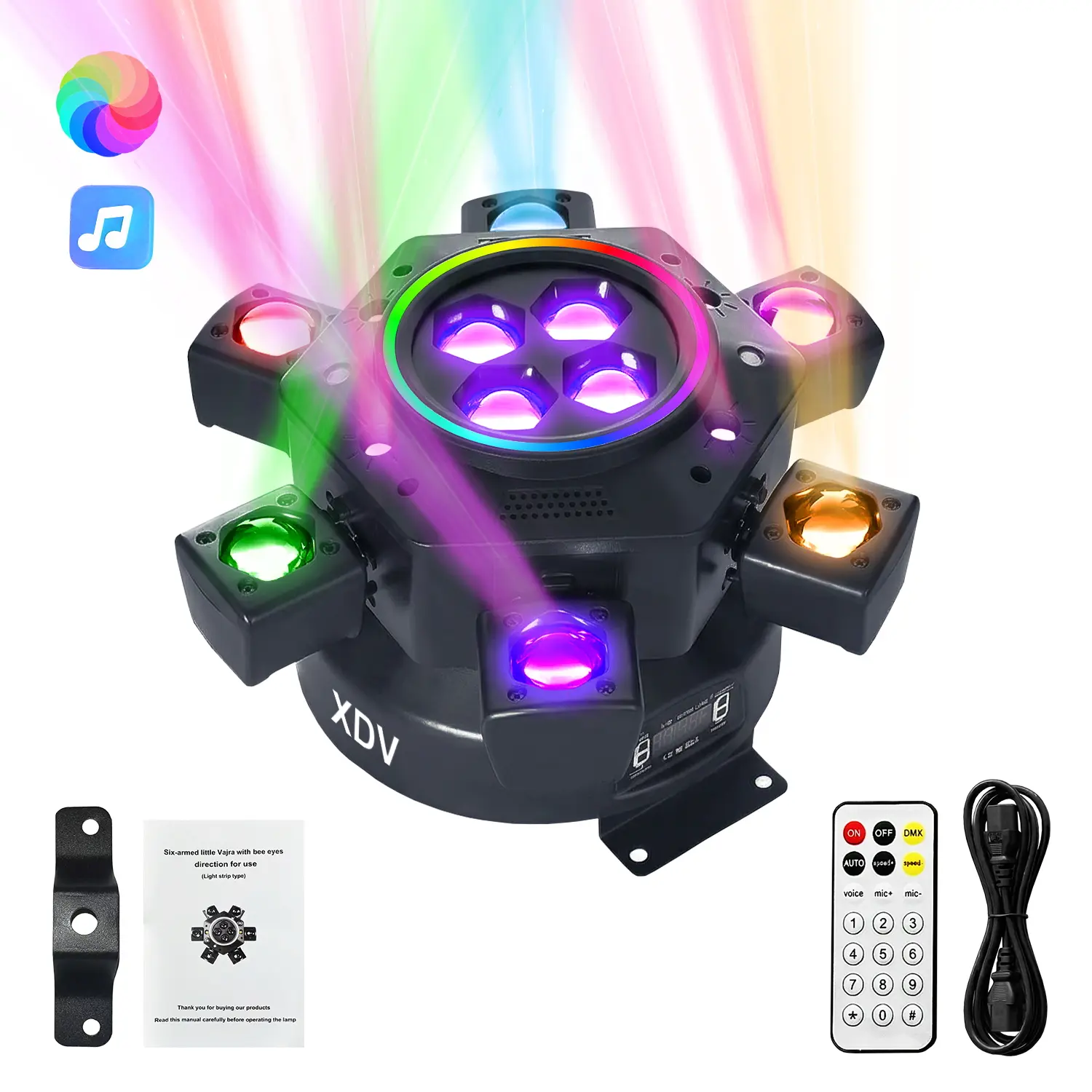 XDV 150W 6-Arm Moving Head DJ Stage Light - Super Bright, RGB Light Effect, Color Changing Rainbow LED Backlight, Multi Mode, DMX-512, Sound Sync, Adjustable Intensity, Stage Presence Festive Decor for Parties, Weddings