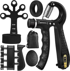 Hand Grip Strengthener Workout Kit (5-Pack/10-Pack) - 1 Adjustable Resistance Hand Gripper (10-132 lbs), 4 lb Finger Stretcher, Grip Ring, Stress Relief Ball for Sports Athletes