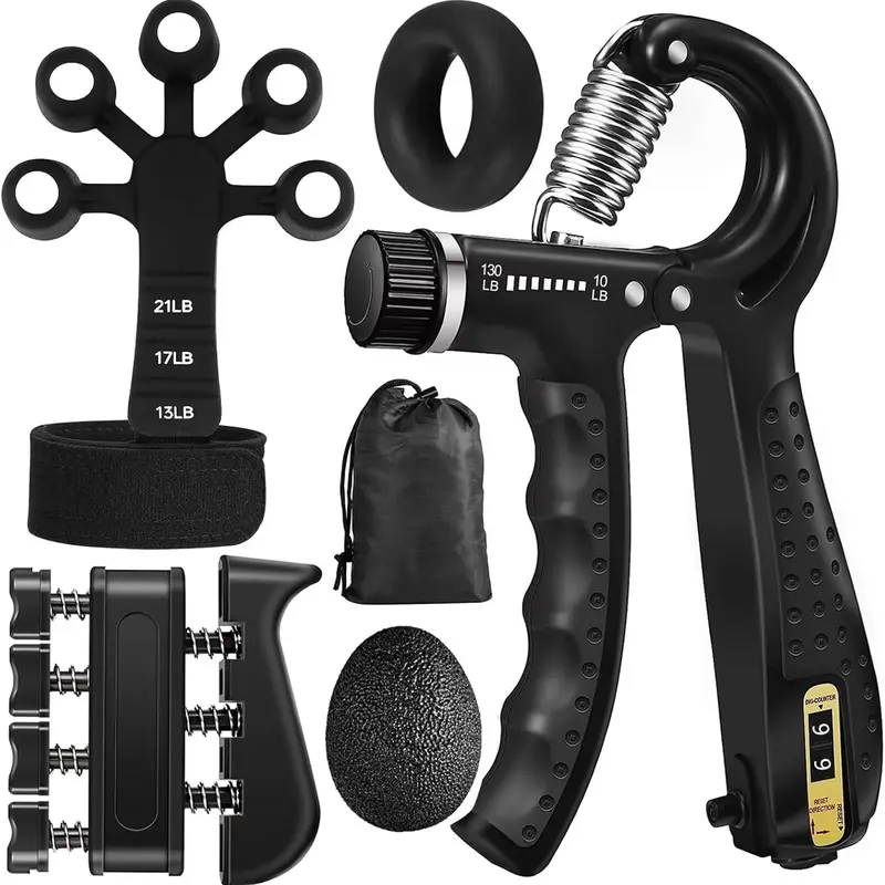 Hand Grip Strengthener Workout Kit (5-Pack/10-Pack) - 1 Adjustable Resistance Hand Gripper (10-132 lbs), 4 lb Finger Stretcher, Grip Ring, Stress Relief Ball for Sports Athletes familyfun