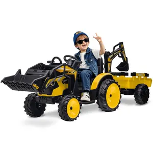 GARVEE 3 in 1 Ride On Tractor Electric Vehicle with 24V Battery, Featuring Excavator, Bulldozer, Digger, Trailer, Remote Control, LED Lights, Music, USB, and Yellow Design for Big Users