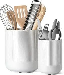 Kitchen Utensil Holder Set of 2, Large Ceramic Utensil Crock for Countertop, Utensil Organizer for Spatulas, Spoons & Cooking Tools, Counter Storage