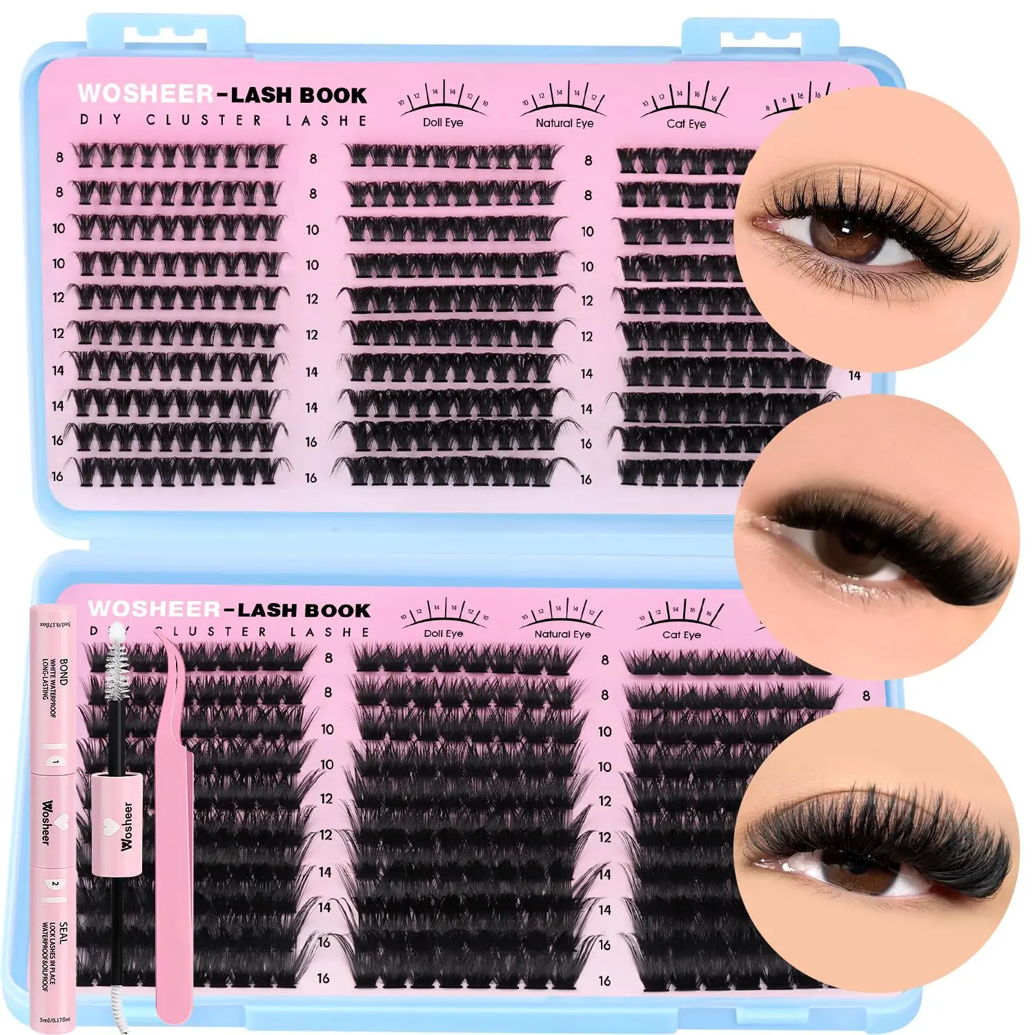 WOSHEER Lash Clusters Kit Individual Cluster Lash Extensions Fluffy Mixed Tray Eyelash Clusters with Lash Bond&Seal and Tweezers