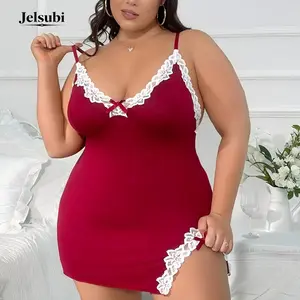 Jelsubi XL-5XL Plus Size Lace Chemise Curvy V-Neck Slit Back Sexy Modal Sleepwear Ultra Soft Fabric Loungewear