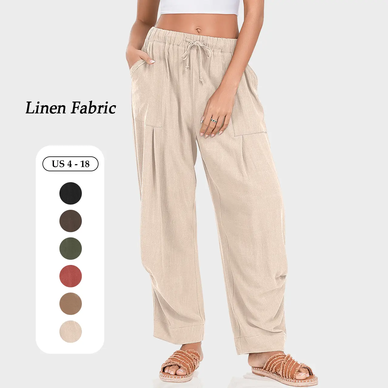 TARSE Women Linen Wide Leg Harem Pants Drawstring Casual Trousers with Pockets boho Travel Baggy Loose Bottoms Minimalist Comfortable Work Pants Fall