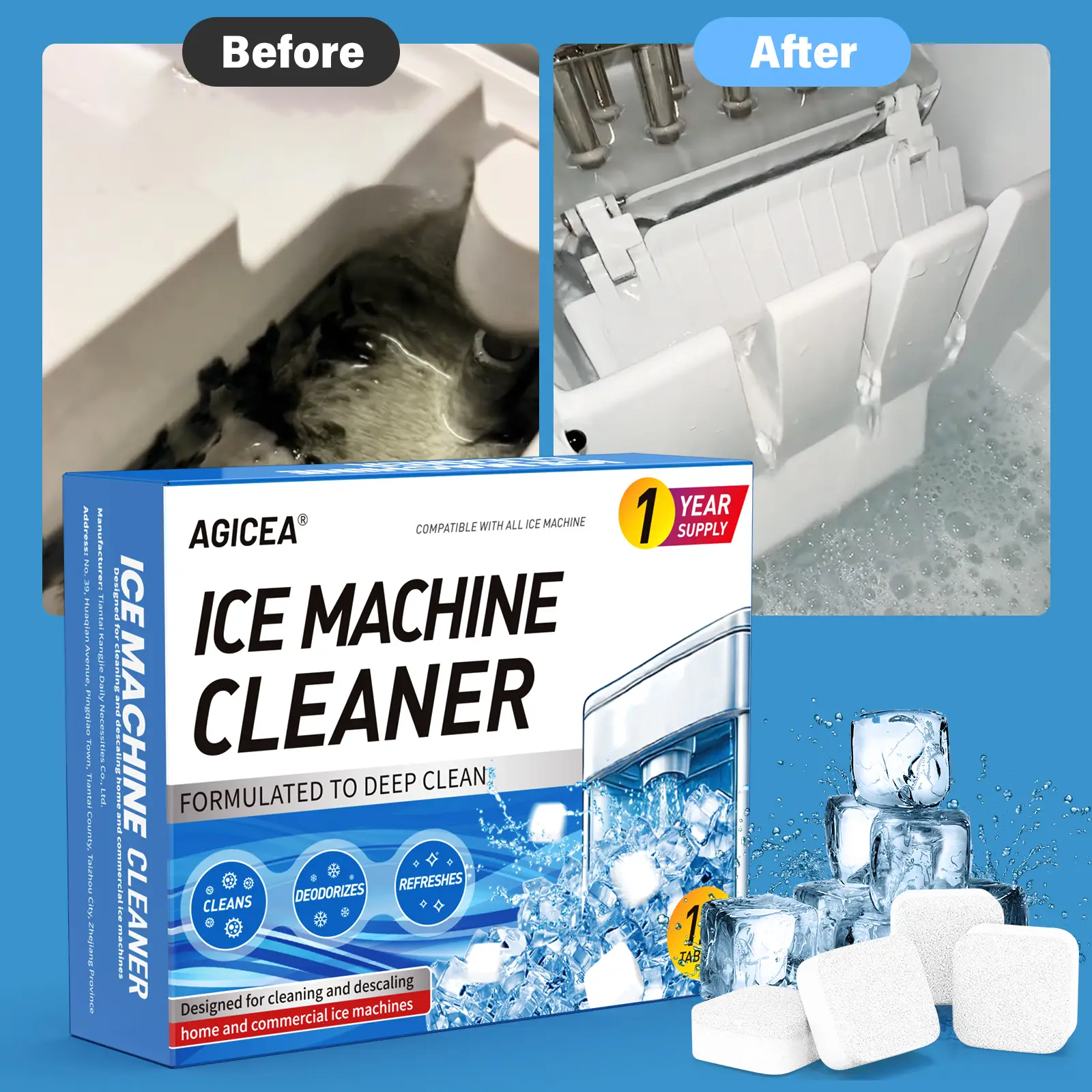12pcs Ice Machine Cleaner, kitchen safety descaling cleaning tablets, compatible with all types of ice makers cleaners, household