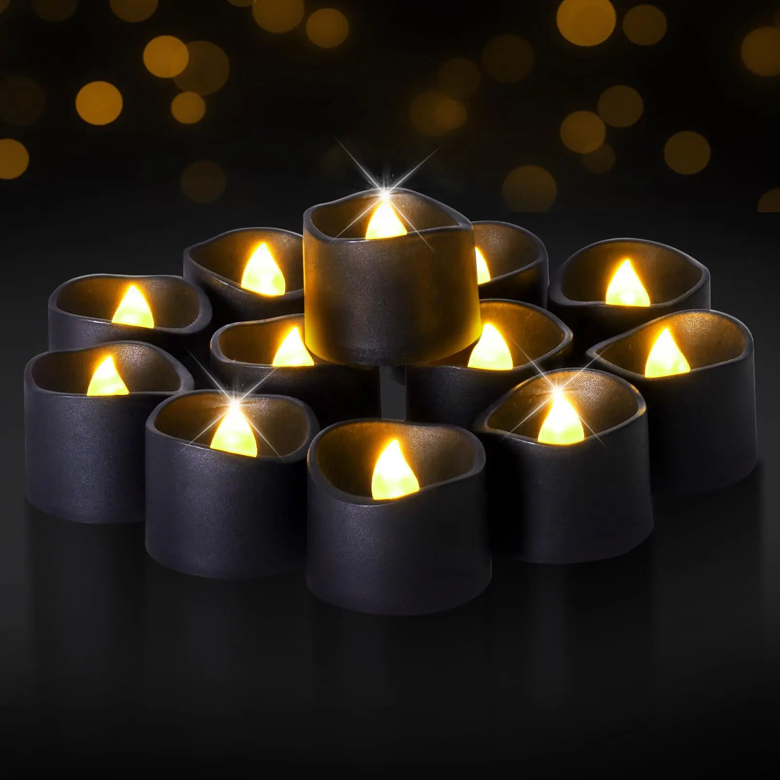24-Pack Black Battery-Operated LED Tea Lights (D1.5 x H1.3), 200+Hour Flameless Flickering Decorative Candles with Batteries for Wedding, Birthday, Valentine's Day Decorations