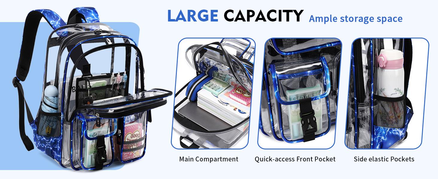 Clear Backpack for School,Transparent Backpack Stadium Events,Heavy Duty Clear Bookbag for Girls,Boys,Work,Sport Blue Lightning