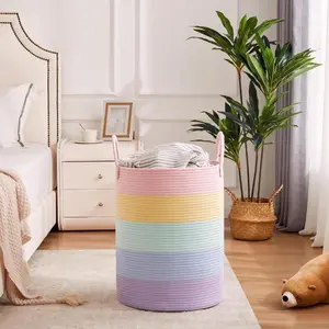 15Dx18H Large Rainbow Woven Laundry Basket with Handles Decorative Toy Storage Bin for Nursery, Colorful Blanket Basket for Playroom, Baby Laundry Hamper, Fun Kids Room Decor Organizer