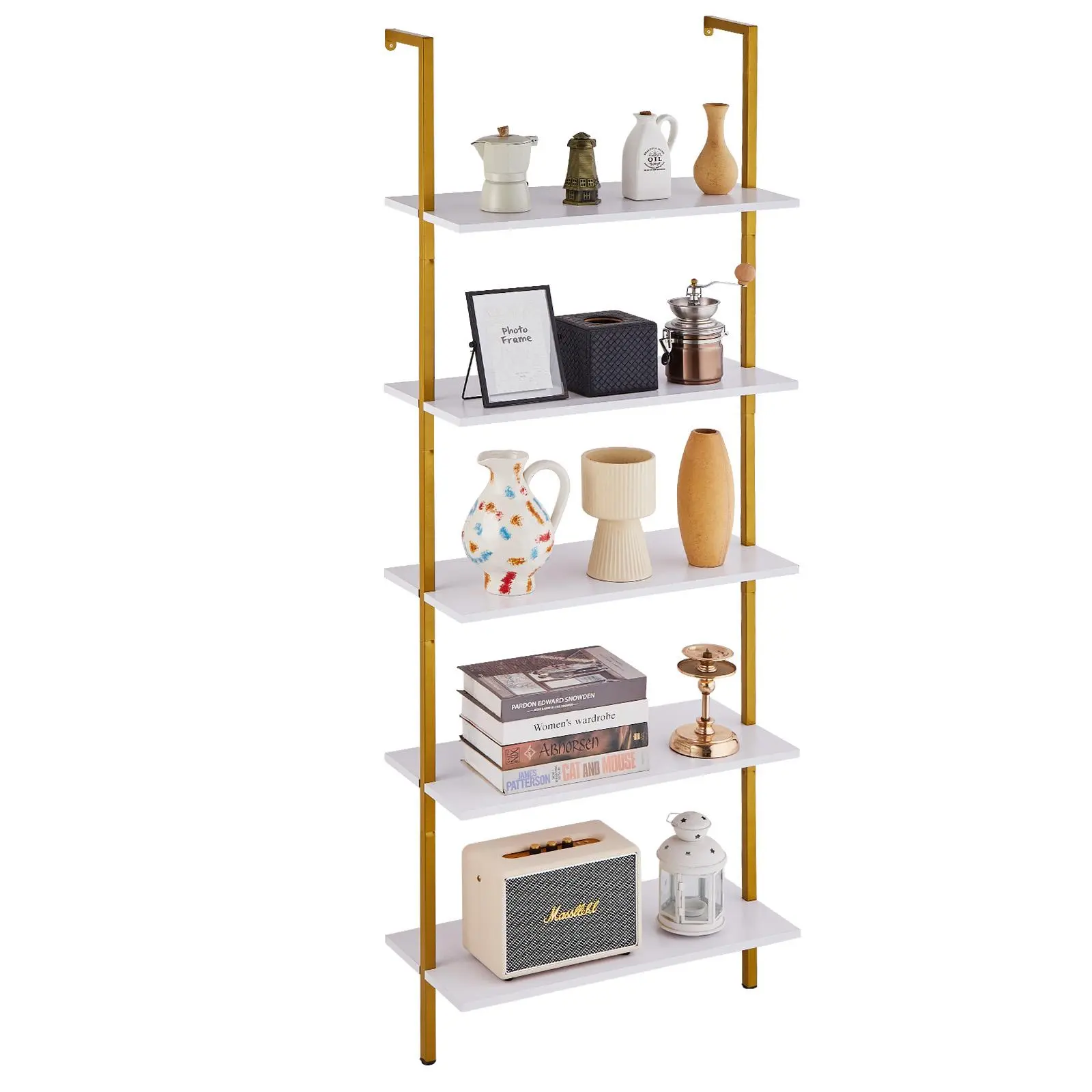 【Summerfinds】VEVOR Industrial Square Pipe Floating Shelves, 5-Tier 24x11.8in Decorative Wall-Mount Design, Rustic Wood Bracket Frames, Storage Rack for Kitchen, Living Room, Gold White