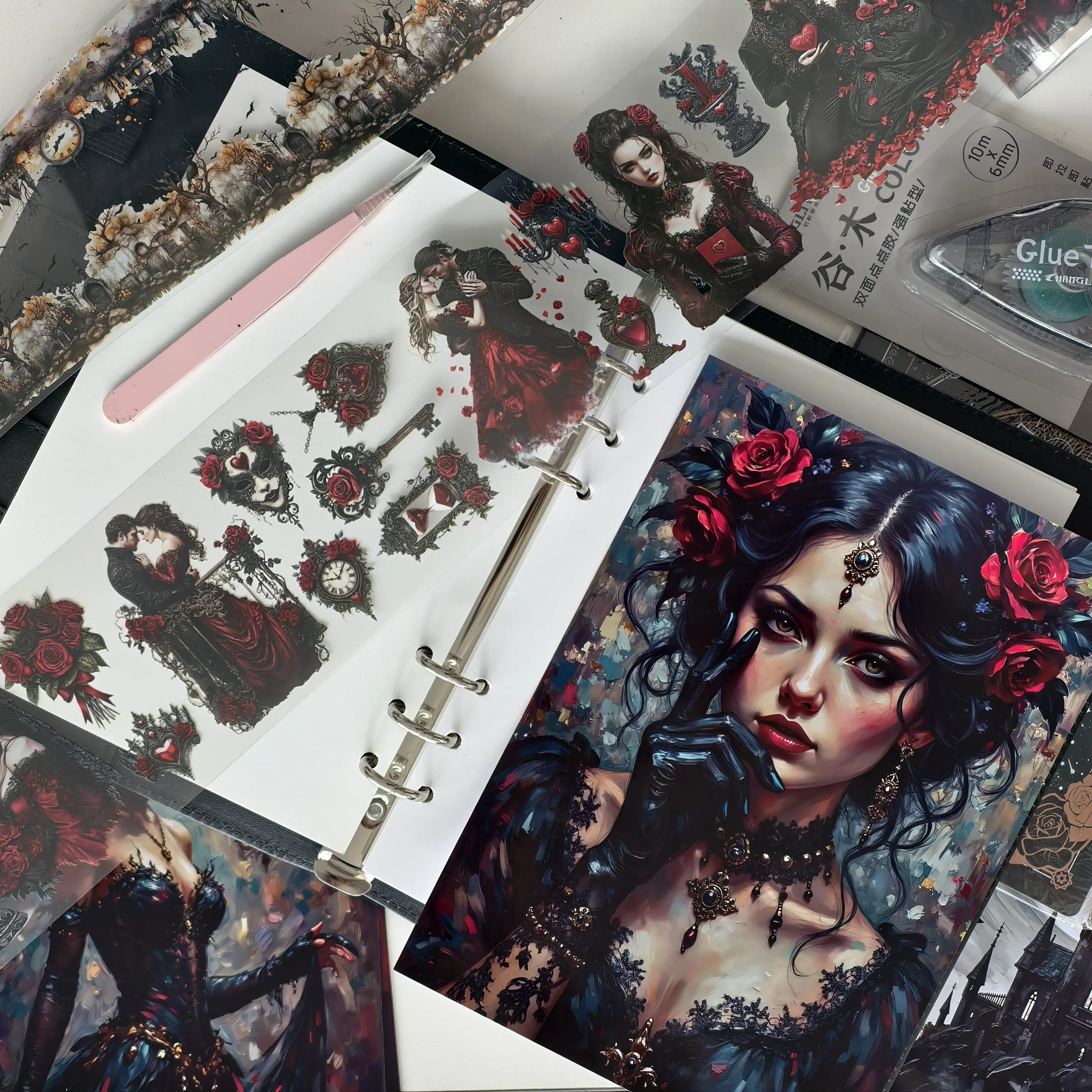 Dark Gothic Journal Craft Set | 5 Customized Tape loops + 2 Background Paper sets + A5 Journal+ Scissor + Tweezer + Glue Tape + Cutting Board | Your Dark Aesthetic Starter Kit