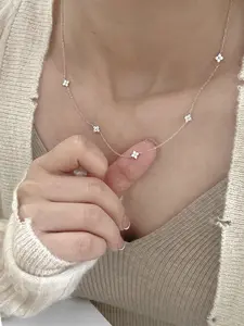 Women's Four-Leaf Clover Necklace, Copper Chain with Zirconia Inlay, Casual Style Jewelry for All Seasons, Lucky Charm Accessory