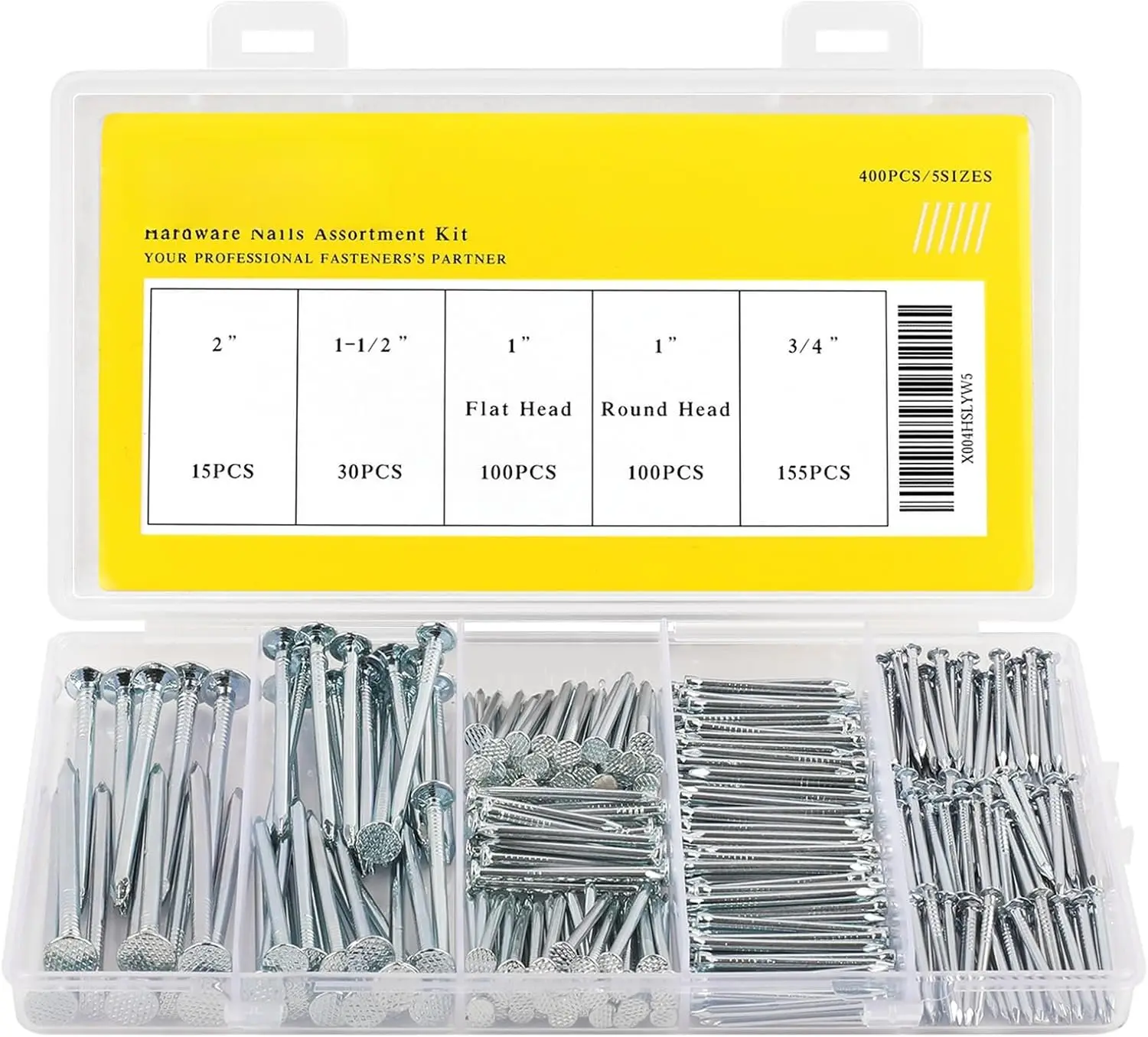 400 count Nails for Hanging Pictures Hanging Nails for Wall Art Heavy Duty up to 2" Long, 5 Sizes Wall Nails for Hanging Small Nails  Nails Finish Nails Flat  Nails with Storage box