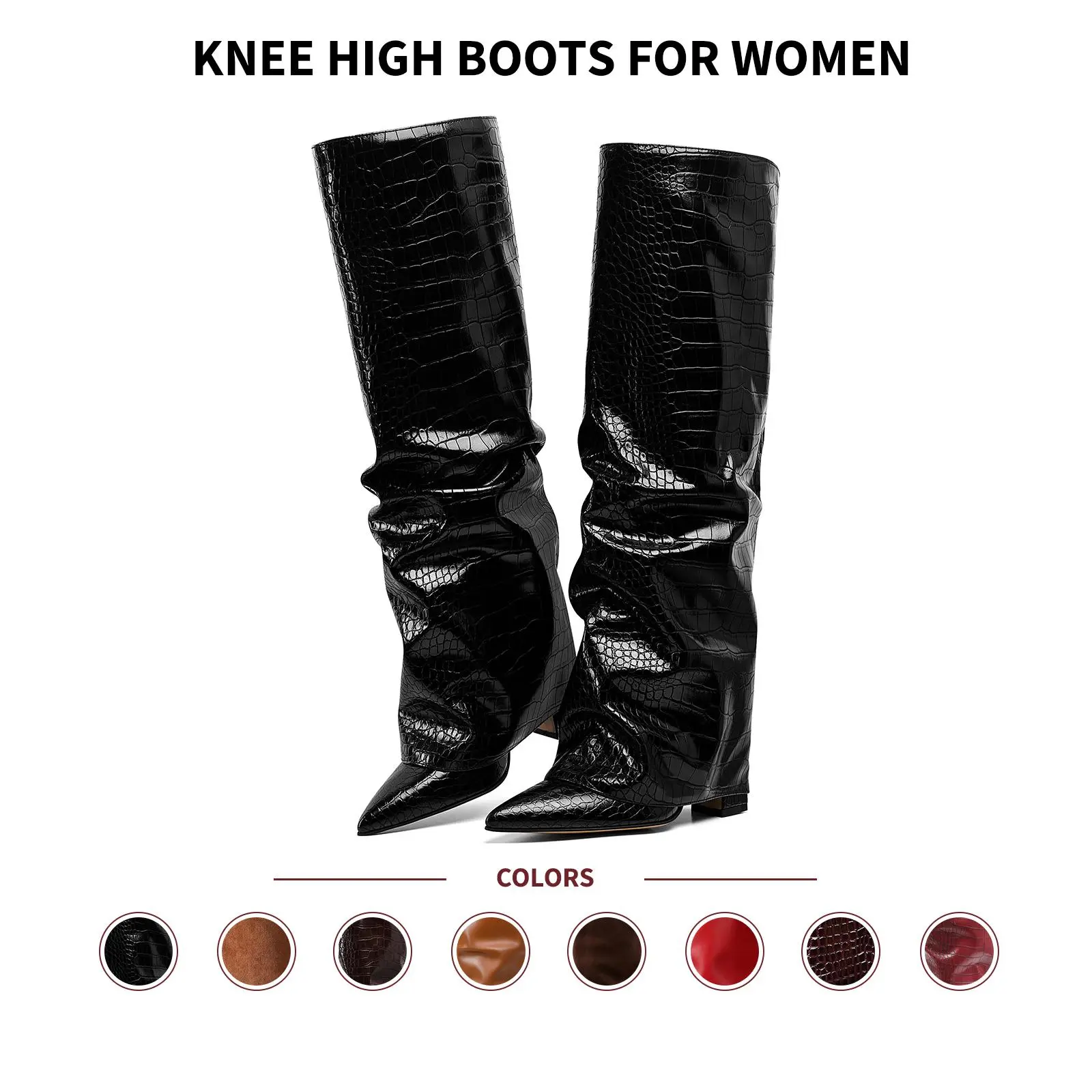 VIMISAOI Women Knee High Boots Slouchy Fold Over Pointed Toe Chunky Block Heel Pull On Side Zipper Croc Embossed Luxury Western Style Casual Office Date Club Back To School Brunch Vacation Holiday Festival Photoshoot Modern Fashion Booties Summerwins