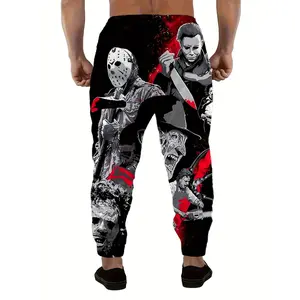 Men's 3D Horror Pattern Joggers - Quick-Dry, Moisture-Wicking Polyester Sports Pants with Pockets, Black Casual Long Pants Suitable for Running, Outdoor Activities, and Casual Wear