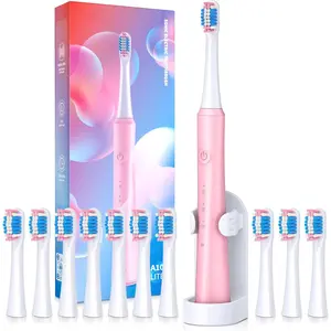 Electric Toothbrush for Adults with Holder and 10 Brush Heads, Rechargeable Toothbrush Electric Fast 2 Hr Charge Last 35 Days, 40000 VPM and 3 Modes,Smart Timer-Pink Black Cleansing Cordless Oral