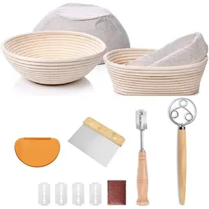 Sourdough Starter Kit, Sourdough Bread Baking Supplies, Banneton Bread Proofing Basket Set Of 2 Round and Oval, Dough Whisk, Scoring Tool, Scraper, Scraper, Baking