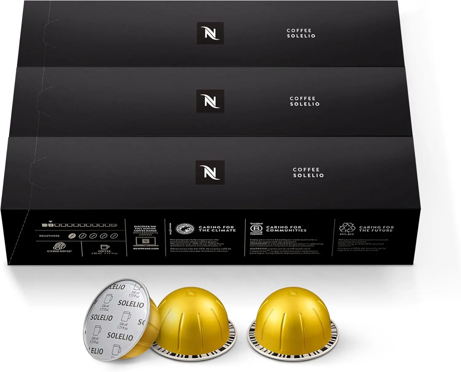 NESPRESSO Vertuo Solelio Mild Light Roast Natural Espresso Coffee Capsules - 30-Count, Low Sodium, No-Preservatives, Cupboard Storage, 7.8 oz. Beverage Brews
