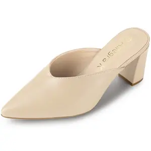 BLISSFUL STEP Women's Pointed Toe Chunky Heels Slides Mules Beige