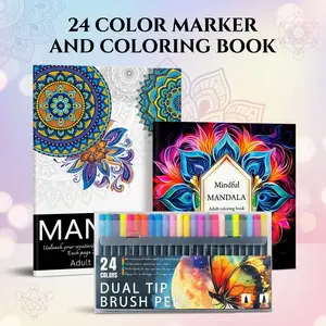 24 Color Markers & Mandala Coloring Books Set, Coloring Supplies - A4 Saddle Stitch Binding, Thick Paper for Stress Relief, Mindfulness, and Relaxation | Beginner-Friendly, Vivid Designs for Adults | Perfect Gift for Christmas & New Year, Holidays
