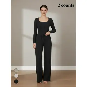 2026 Women's Slim Fit Solid Color Ribbed Fleece Bodysuit and Wide Leg Pants Set Lounge Matching Outfits Casual Fall Winter Cozy Suit