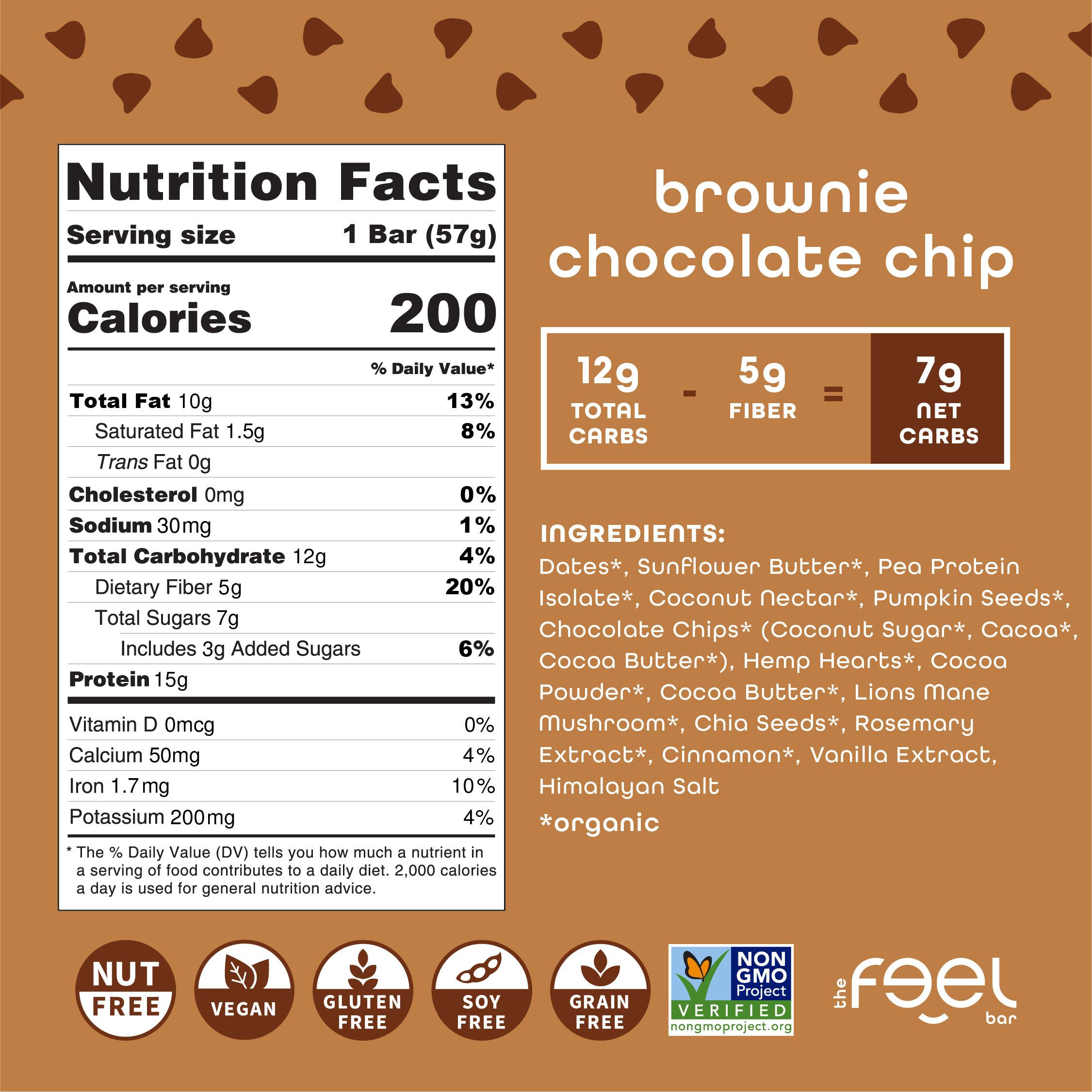 Feel Bars – Vegan Protein Bars | Brownie Chocolate Chip – 10 Pack | 15g Plant Protein | Lions Mane | Keto | Organic | Gluten Free, No Nuts, No Soy, No Dairy, No Grains