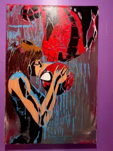 Bad.Art Upside Down Kiss Acrylic on Canvas Heroes Who Never Got the Girl Series Romantic Artwork with Rain Effect and Mask Symbol