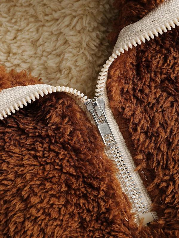 Men's Vintage Color Block Fleece Jacket, Half-Zip Stand Collar, Cozy Warmth for Casual Street Style, Perfect for Spring & Fall