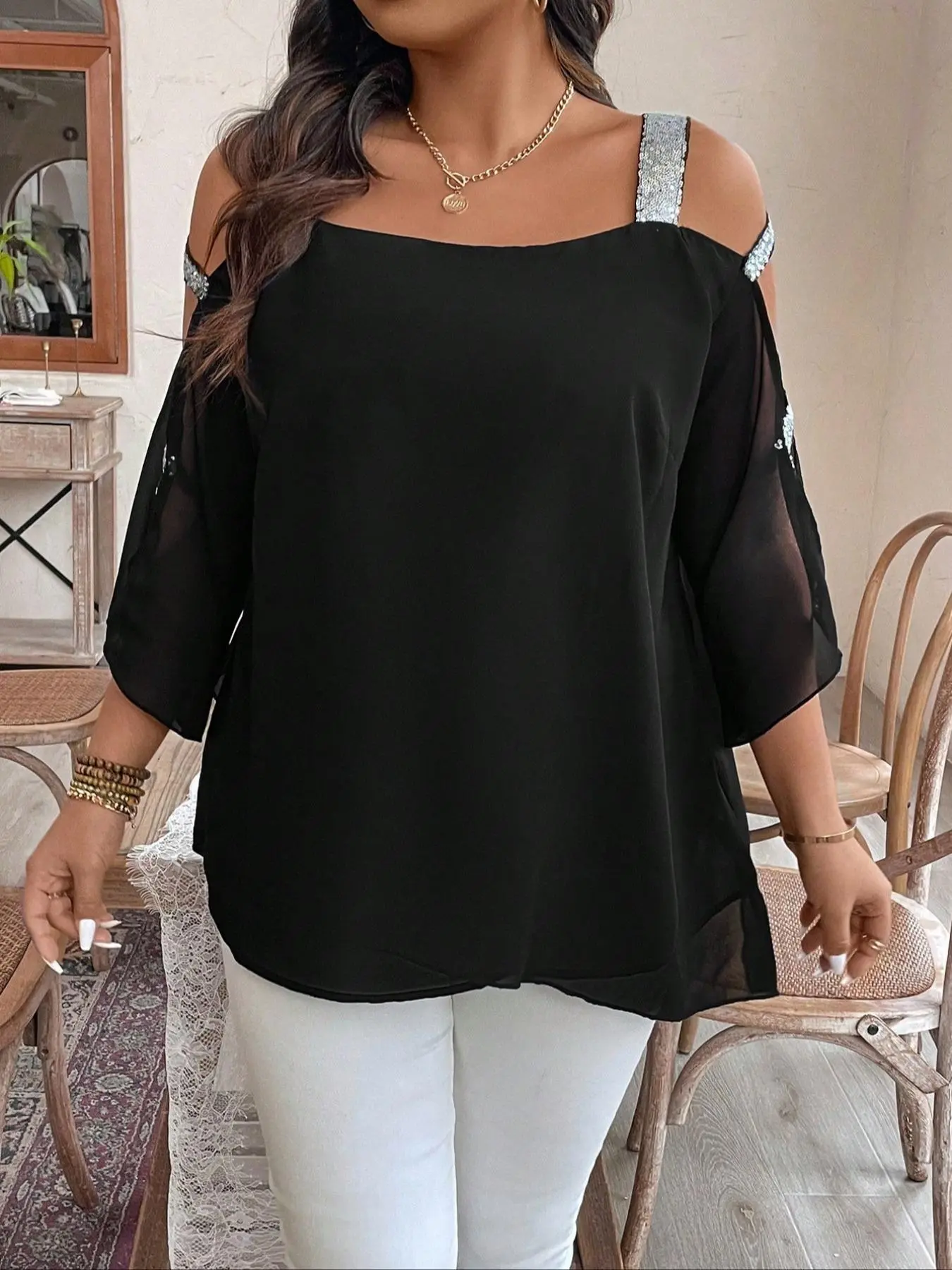 Plus Off-Shoulder Batwing Sequin Woven Blouse Shirts for Women, Stylish Chic Loose-Fitting Top for Spring & Fall, Trendy Casual Wear for Any Occasion, Casual Daily Tops, Womenswear