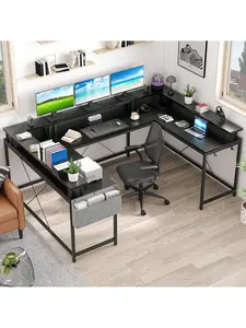 U Shaped Desk, 126 Inch Gaming Desk With Monitor Stand And LED Lights, Reversible Shaped Large Computer Desk With Power Outlets, Large Corner Office Desk With Storage Bag And Hooks
