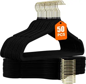 50 Pack Black Velvet Hangers,Coat Hanger Non Slip,Heavy-Duty,Space Saving,Slim Clothes Hangers for Pants,Outfit,Suits,Skirts,Coats,Dresses ect.Felt Hanger with Gold 360°Swivel Hook
