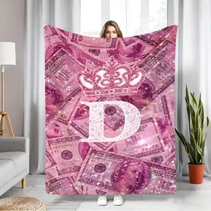 Pink Flannel Blanket With Dollar Sign, Crown, and Letter Print; A Touch Of Luxury Princess Style; Thick and Soft Plush; Fluffy and Warm; Suitable for Sofas, Bedrooms, Office Naps, and Cars; All Seasons.